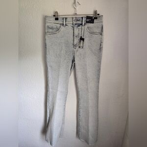 Express Light Wash High Waisted Cropped Flare Jeans Raw Hem